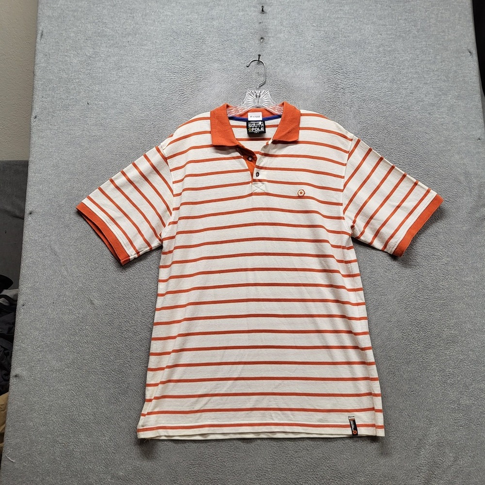 Southpole Men Polo L White Striped Logo Button Short Sleeve Rugby Y2K